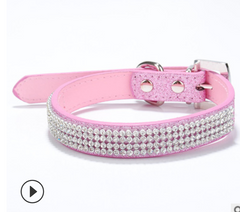 Rhinestone Diamond Dog Collar Leather Diamante Dog Puppy Cat Kitten XS S M L