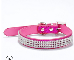 ROSE-SPARKLE Rhinestone Diamond Dog Collar Leather Dog Puppy Cat Kitten XS S M L