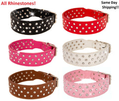 Rhinestone Dog Collar Leather Pitbull Diamonds Bling Pet Pup Non Spike S M L XL