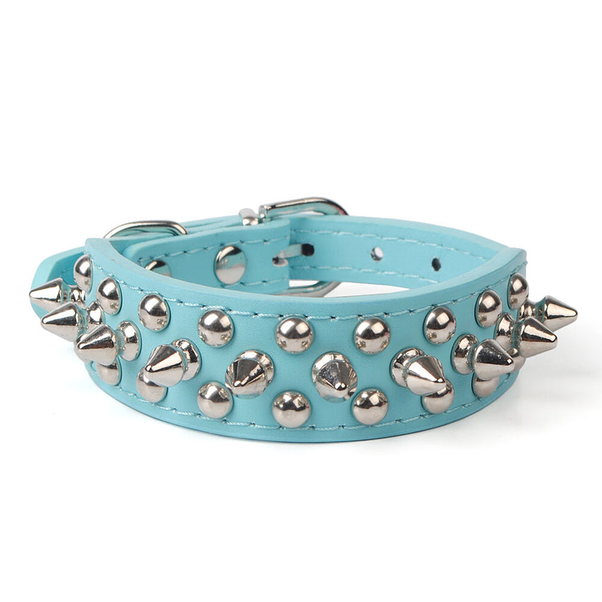Small Dog Spiked Studded Rivets Dog Pets Leather Collar Can Go With Harness BLUE