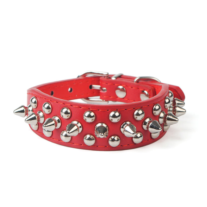 Small Dog Spiked Studded Rivets Dogs Pet Leather Collar Can Go With Harness-RED