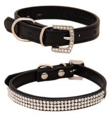 BLACK Rhinestone Diamond Dog Collar Leather Dog Puppy Cat Kitten XS S M L