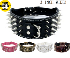 3" WIDE RAZOR SHARP Spiked Studded Leather Dog Collar 4-ROWS 19-22" 21-24"-BROWN