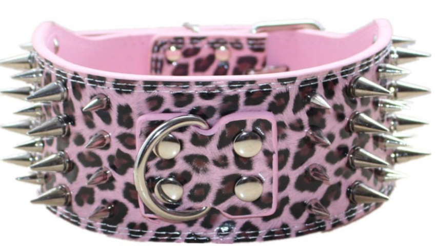 3" WIDE SHARP Spiked Studded Leather Dog Collar 4-ROWS 19-22" 21-24-PINK LEOPARD