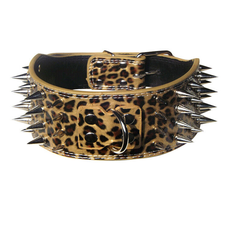 3" WIDE RAZOR SHARP Spike Studded Leather Dog Collar 4-ROW 19-22" 21-24"-LEOPARD