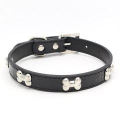 DOG BONES Studs Dog PU Faux Leather Collar Puppy Cat Small XS S M L Adjustable