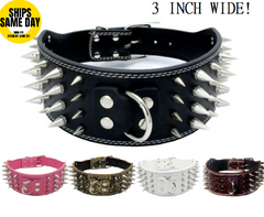 3" WIDE RAZOR SHARP Spiked Studded Leather Dog Collar 4-ROWS 19-22" 21-24"-PINK