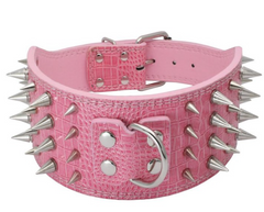 3" WIDE RAZOR SHARP Spiked Studded Leather Dog Collar 4-ROWS 19-22" 21-24"-PINK