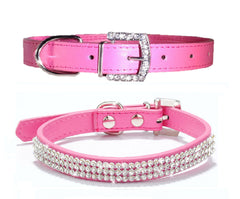 ROSE Rhinestone Diamond Dog Collar Leather Dog Puppy Cat Kitten XS S M L