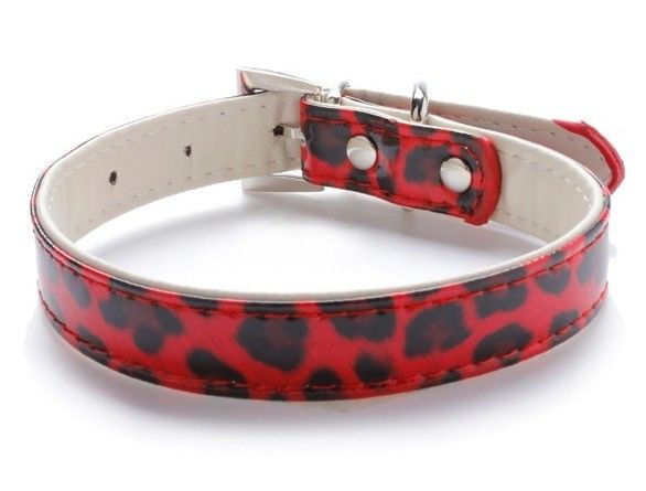 Dog Faux Leather Adjustable Collar Pet Puppy Cat Leopard Print Animal Red XS S M