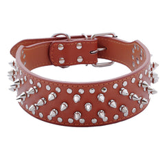 BROWN Metal Spiked Studded Leather Dog Collar Pit Bull Rivets L XL Large Breeds