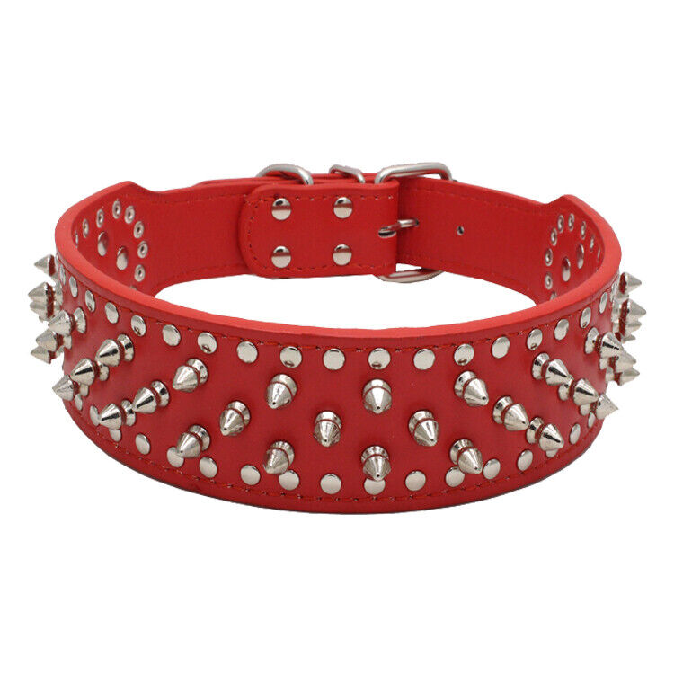 2" RED Metal Spiked Studded Leather Dog Collar Pit Bull Rivets L XL Large Breeds