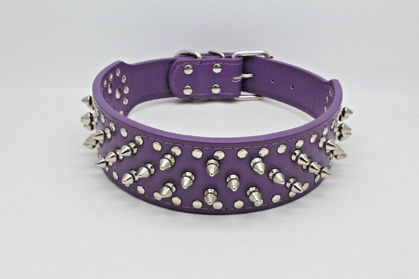 PURPLE Metal Spiked Studded Leather Dog Collar Pit Bull Rivets L XL Large Breeds